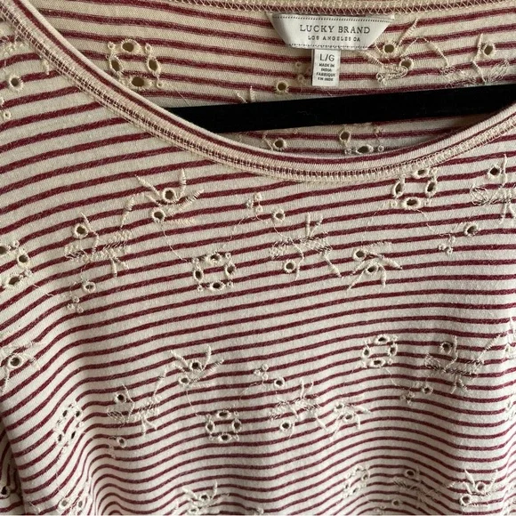 Lucky Brand Striped Red and White Cuffed Sleeve Tunic/ top. Eyelet Pattern. L - Picture 9 of 13